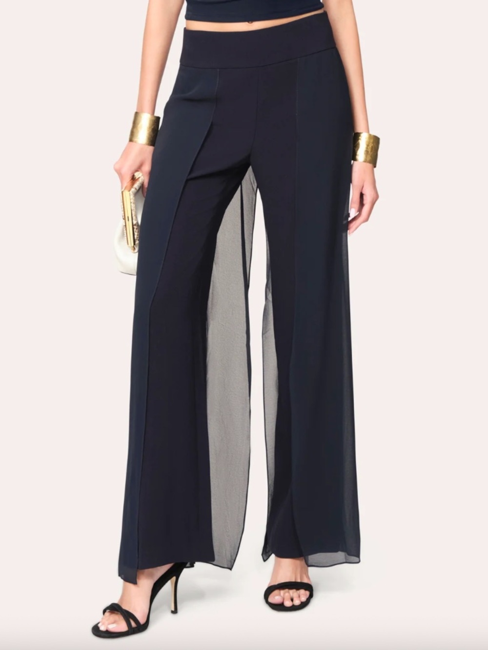 Elie Tahari Chiffon Panel Wide Leg Pants Navy with Elegant Overlay